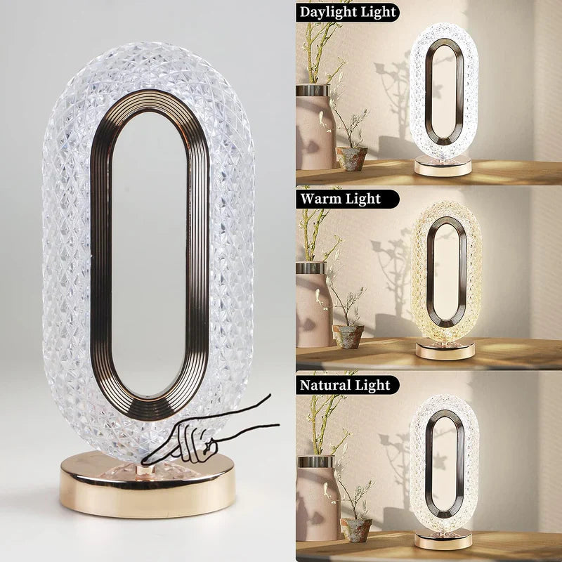Crysta: Dimmable Touch Control Crystal Table Lamp with USB Rechargeable LED & Elegant Oval Design for Home, Bedroom & Décor