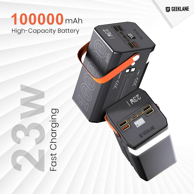 Bunker: 100,000mAh (1 Lakh mAh) Ultra-High Capacity Li-Po Power Bank with 7 Outputs, PD 3.0 Fast Charging, Built-in Type-C & Lightning Cables & Torch