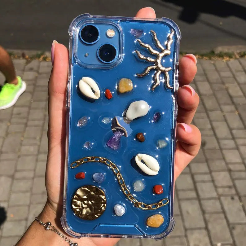 Resin designer iphone case, aesthetic iphone case for iPhone 16 15 14 13 12 11 pro max plus mini case, Sun with shells and pebbles