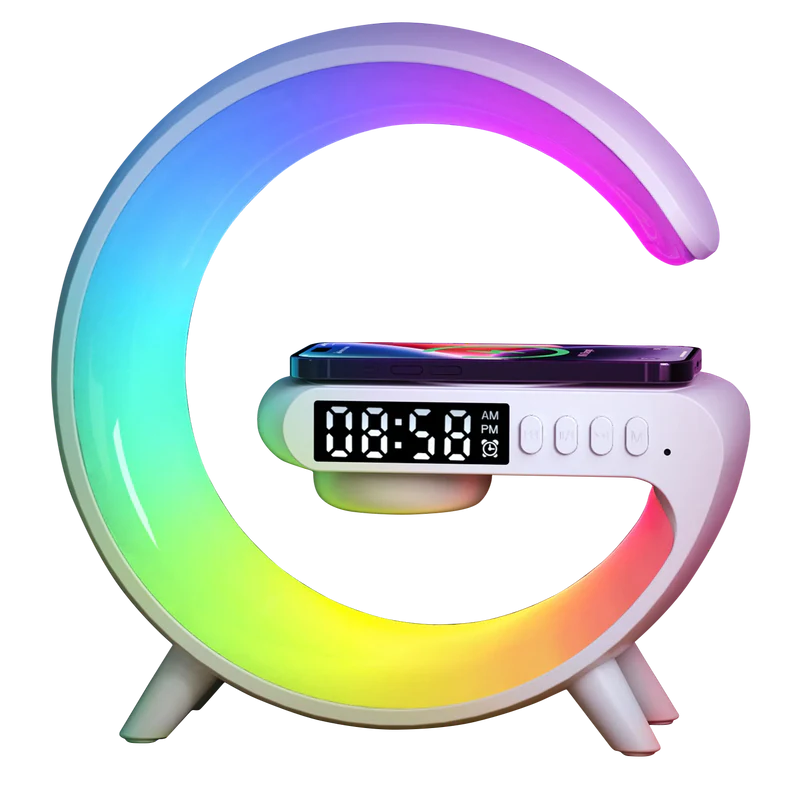 GoobleMini: G-Shaped RGB Atmosphere Lamp with 15W Wireless Charger, Bluetooth Speaker, Alarm Clock & Desk Light for Bedside & Room Décor
