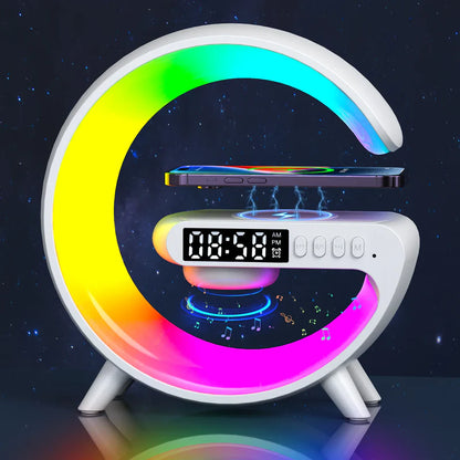 GoobleMini: G-Shaped RGB Atmosphere Lamp with 15W Wireless Charger, Bluetooth Speaker, Alarm Clock & Desk Light for Bedside & Room Décor