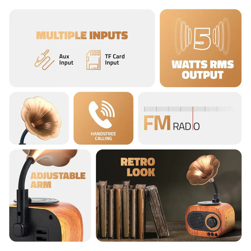 JukeMini: Retro Vinyl Bluetooth Speaker with Loud Sound, Physical Knob Control, FM Radio, USB & Aux, 5W Output, Vintage Design & Hands-Free Calling