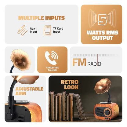 JukeMini: Retro Vinyl Bluetooth Speaker with Loud Sound, Physical Knob Control, FM Radio, USB & Aux, 5W Output, Vintage Design & Hands-Free Calling