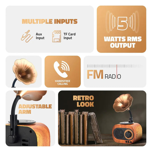 JukeMini: Retro Vinyl Bluetooth Speaker with Loud Sound, Physical Knob Control, FM Radio, USB & Aux, 5W Output, Vintage Design & Hands-Free Calling