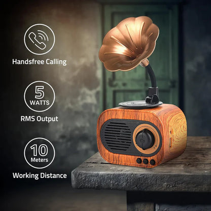 JukeMini: Retro Vinyl Bluetooth Speaker with Loud Sound, Physical Knob Control, FM Radio, USB & Aux, 5W Output, Vintage Design & Hands-Free Calling