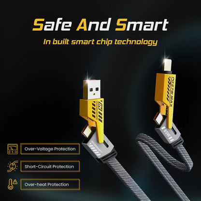 SpeedLink: 4-in-1 65W Fast Charging Data Cable with USB-A, Type-C & Lightning Connectors for High-Speed Charging & Data Transfer