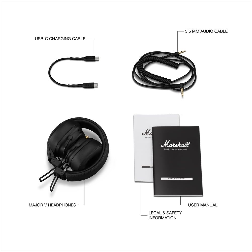 Marshall Major V – Wireless Bluetooth Headphones with Iconic Marshall Design, Custom-Tuned 40mm Drivers, 100+ Hour Battery Life, Fast Charging, Dual Mic for Calls, Foldable Travel-Friendly Build | Premium Sound | 1-Year Warranty | 14-Day Easy Returns |