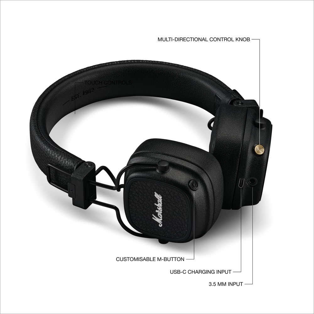 Marshall Major V – Wireless Bluetooth Headphones with Iconic Marshall Design, Custom-Tuned 40mm Drivers, 100+ Hour Battery Life, Fast Charging, Dual Mic for Calls, Foldable Travel-Friendly Build | Premium Sound | 1-Year Warranty | 14-Day Easy Returns |