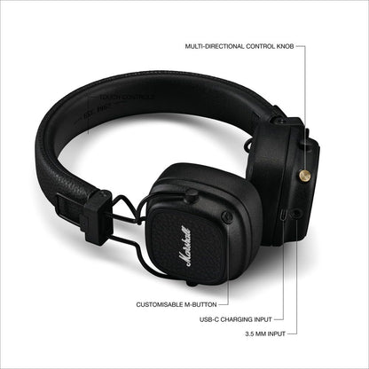 Marshall Major V – Wireless Bluetooth Headphones with Iconic Marshall Design, Custom-Tuned 40mm Drivers, 100+ Hour Battery Life, Fast Charging, Dual Mic for Calls, Foldable Travel-Friendly Build | Premium Sound | 1-Year Warranty | 14-Day Easy Returns |