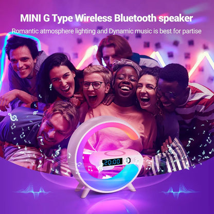 GoobleMini: G-Shaped RGB Atmosphere Lamp with 15W Wireless Charger, Bluetooth Speaker, Alarm Clock & Desk Light for Bedside & Room Décor