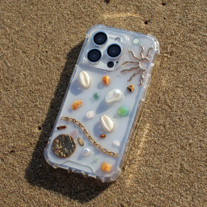 Resin designer iphone case, aesthetic iphone case for iPhone 16 15 14 13 12 11 pro max plus mini case, Sun with shells and pebbles