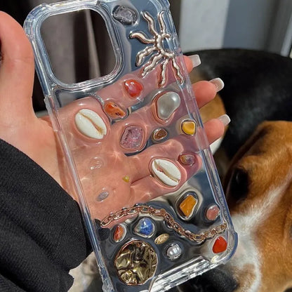 Resin designer iphone case, aesthetic iphone case for iPhone 16 15 14 13 12 11 pro max plus mini case, Sun with shells and pebbles